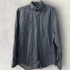 Perry Ellis Mens Long Sleeve Button Up Navy Blue Color Striped Shirt Size Medium